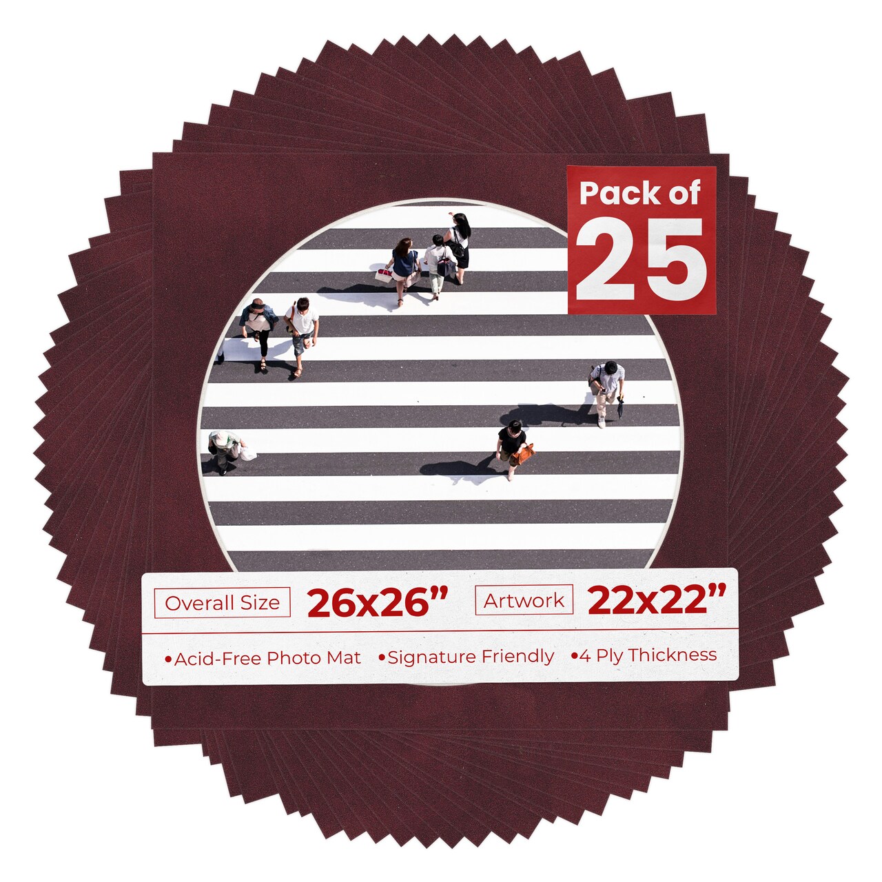 Dark Red Suede Mat Board for 26x26 Frames - Circle Opening for 22x22 Photos